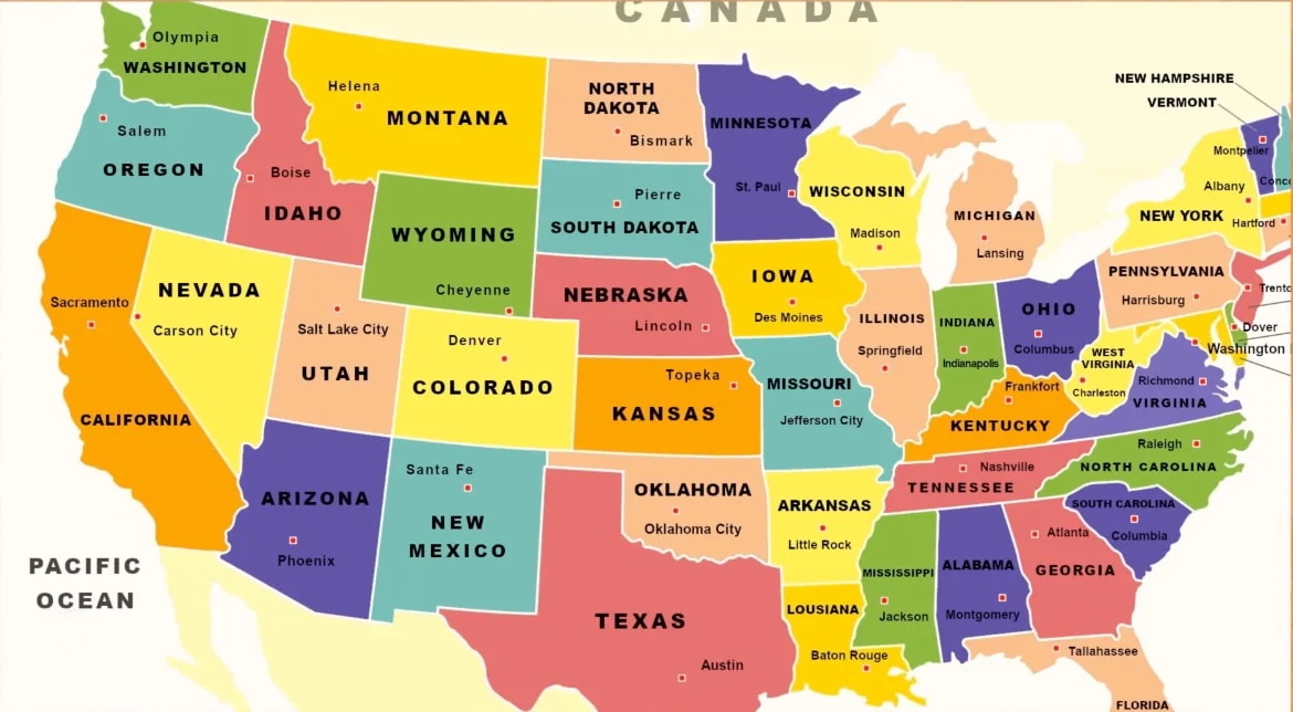 Detailed educational worksheet showing colorful map of United States with state boundaries, accompanied by charts listing state nicknames, capitals, and admission dates