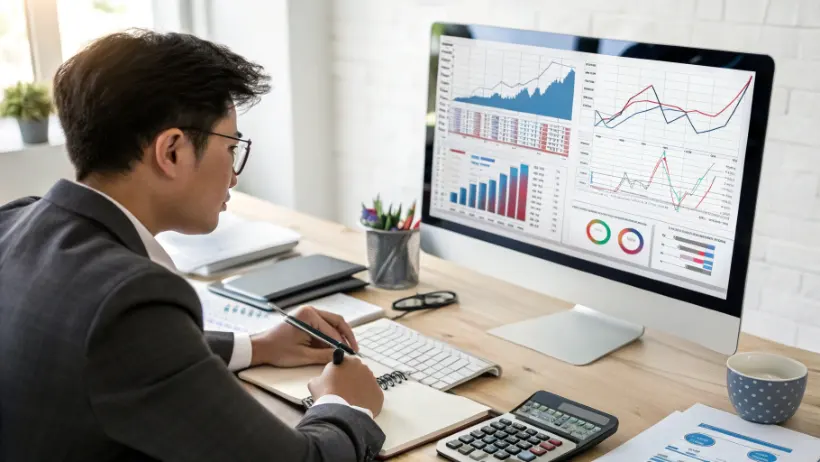 Business professional analyzing financial charts and probability data on a computer