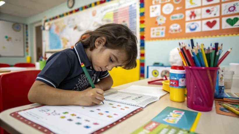 Young child writing on an all about me worksheet at a colorful classroom desk