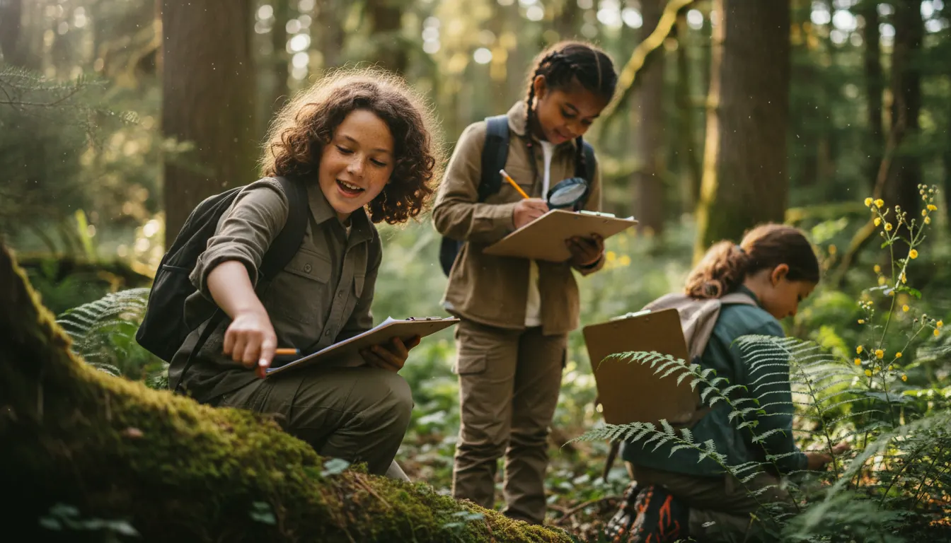 Children exploring nature with clipboards during outdoor educational scavenger hunt