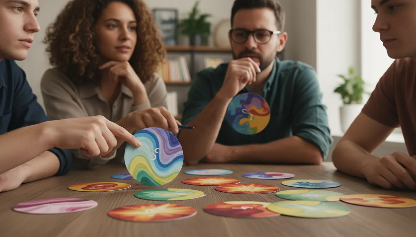 Colorful emotion recognition cards spread out on a table during a group discussion session