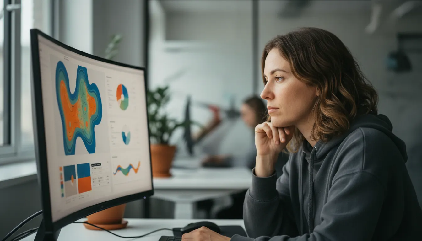 UX designer reviewing analytics dashboard showing user engagement metrics and heat maps