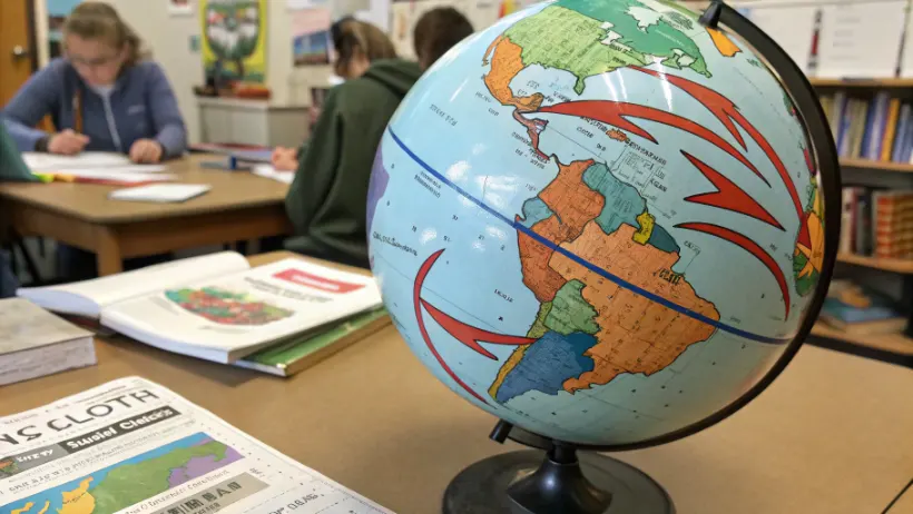 Detailed Earth model showing colored tectonic plate boundaries with arrows indicating plate movement directions on a classroom table
