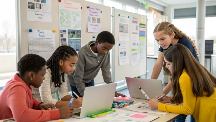 Diverse group of middle school students working together on a collaborative project with poster boards, markers, and laptops in a bright classroom setting