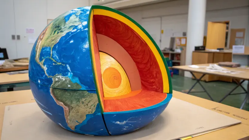Cross section model showing Earth's internal layers including crust, mantle, outer core and inner core with different colored materials