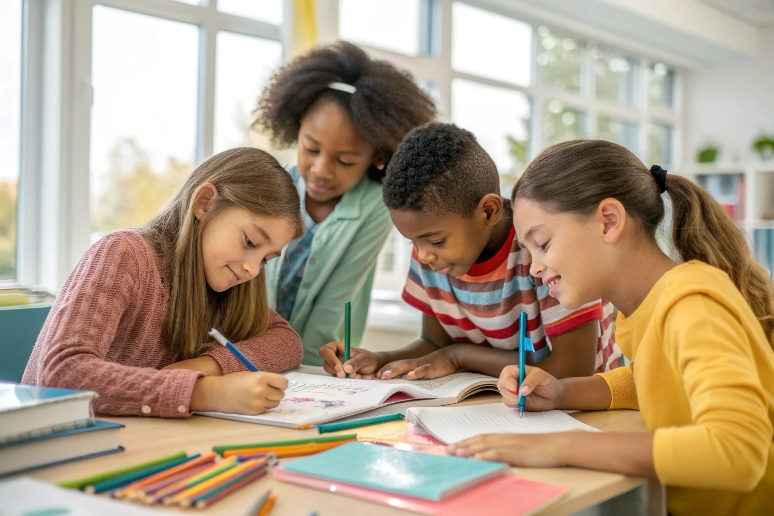 Diverse group of elementary school children collaborating enthusiastically around a bright classroom table covered with educational materials, books, and colorful manipulatives in natural lighting