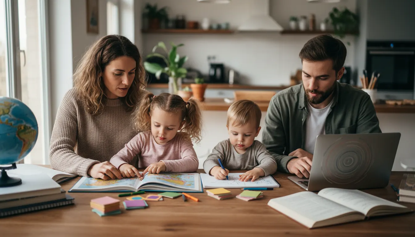 parents and children of different ages studying together at a kitchen table with books and educational materials