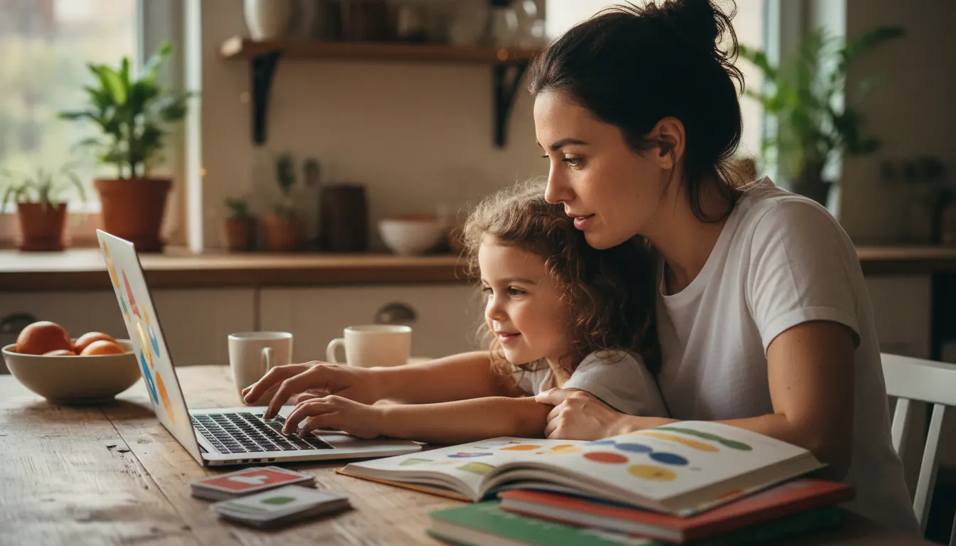 Parent working with child at home using laptop and educational materials on kitchen table