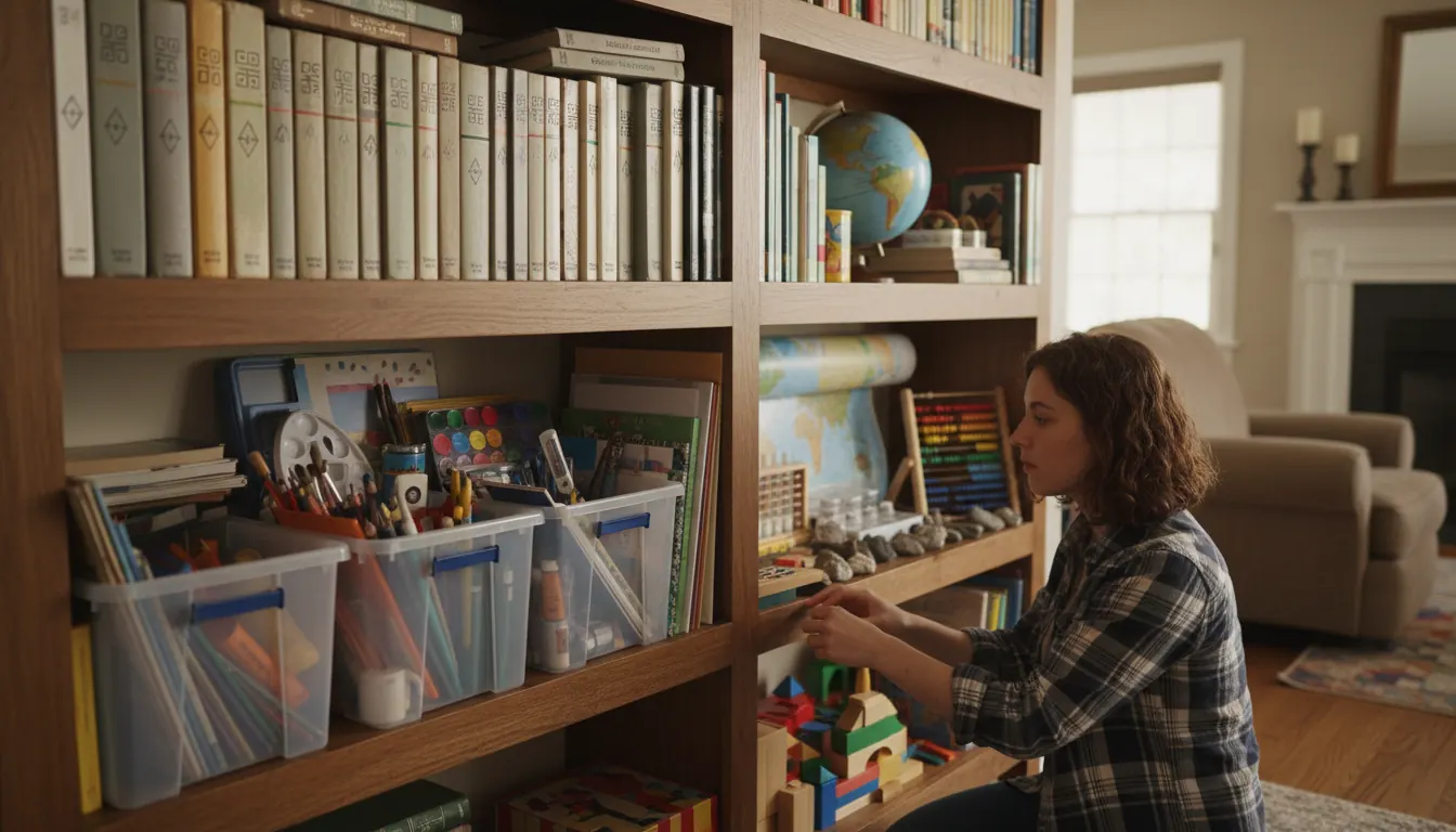 organized shelves with homeschool supplies including books textbooks art materials and educational tools
