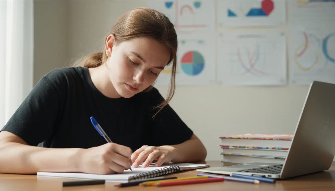 young student writing in a notebook at a desk with pencils books and educational posters in background