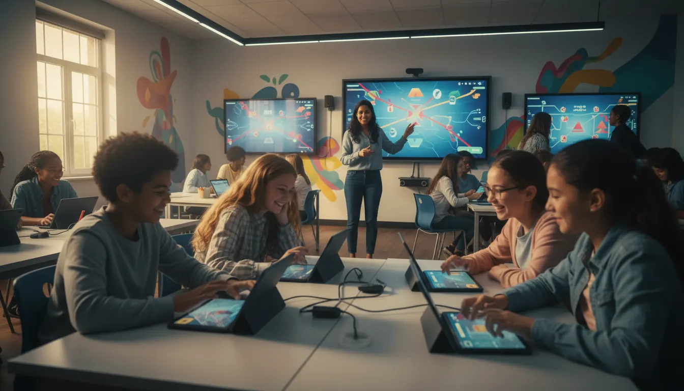 Vibrant classroom scene showing diverse students actively engaged with digital tablets and interactive displays, teacher facilitating collaborative learning activity with gaming elements