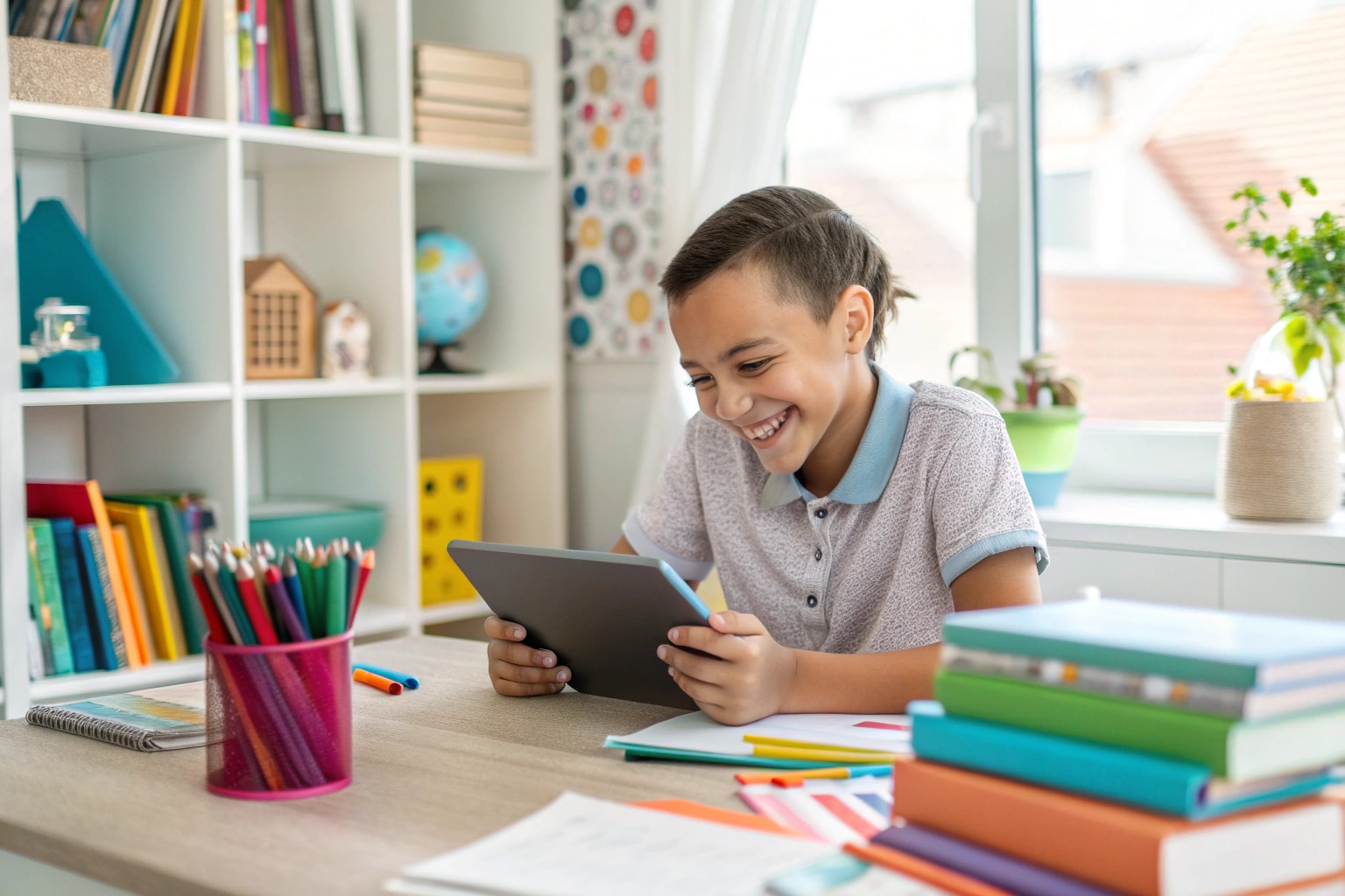 Child using tablet for interactive educational games in a cozy home learning space