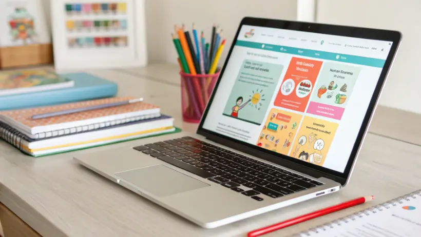 Laptop screen displaying educational website with downloadable probability worksheets