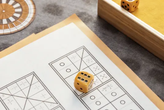 Educational illustration showing probability concepts and mathematical calculations overlaid on casino game examples for learning foundational math skills