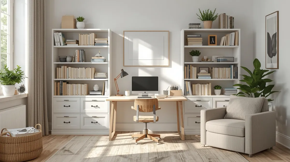 well-organized home study area with bookshelf and learning materials