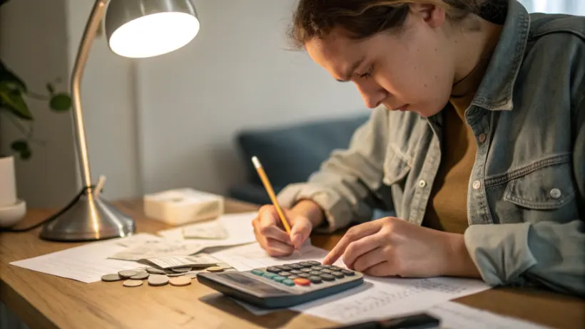 Person's hands calculating probability equations on paper with a pen