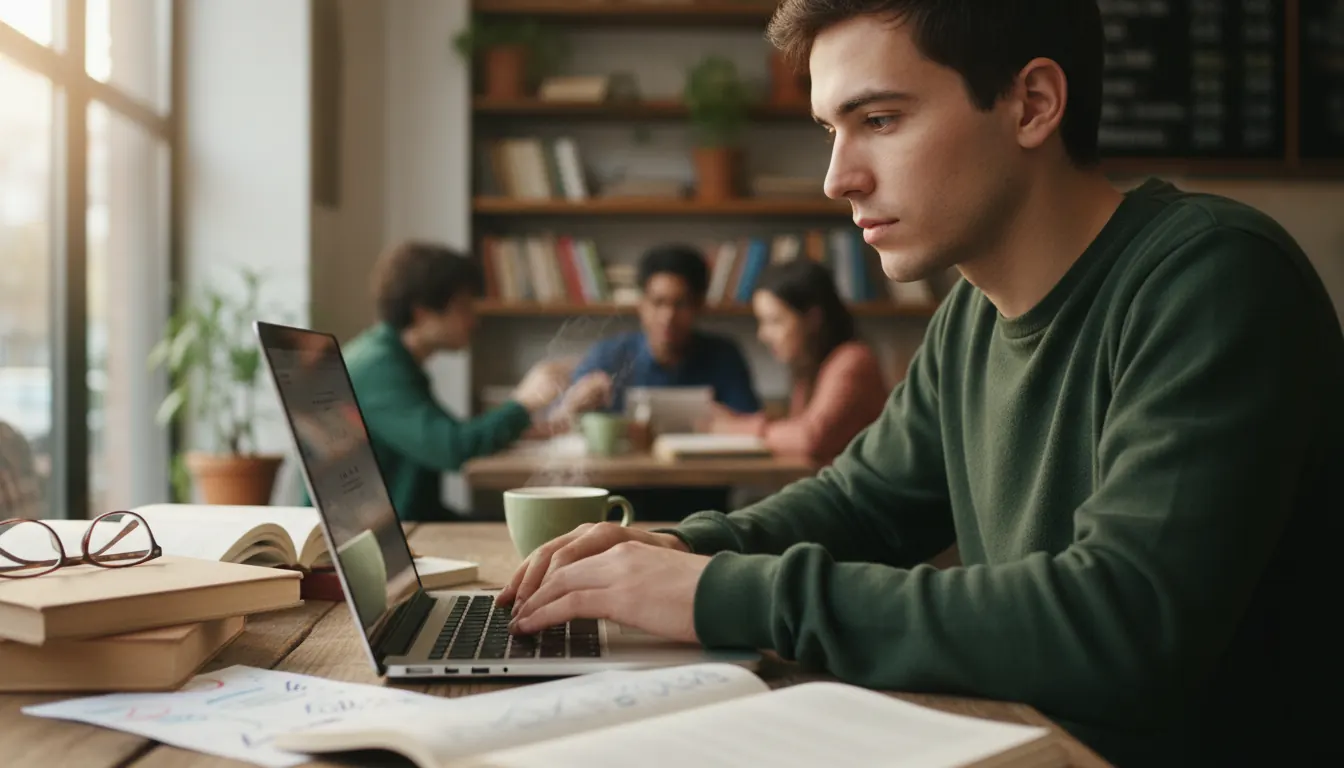 Student learning on laptop in comfortable coffee shop environment with study materials