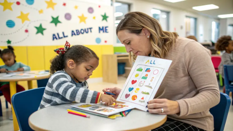 Preschool teacher guiding a young student while completing a colorful all about me worksheet