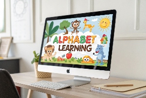 Vibrant alphabet learning game with cartoon animals and letters on a computer screen