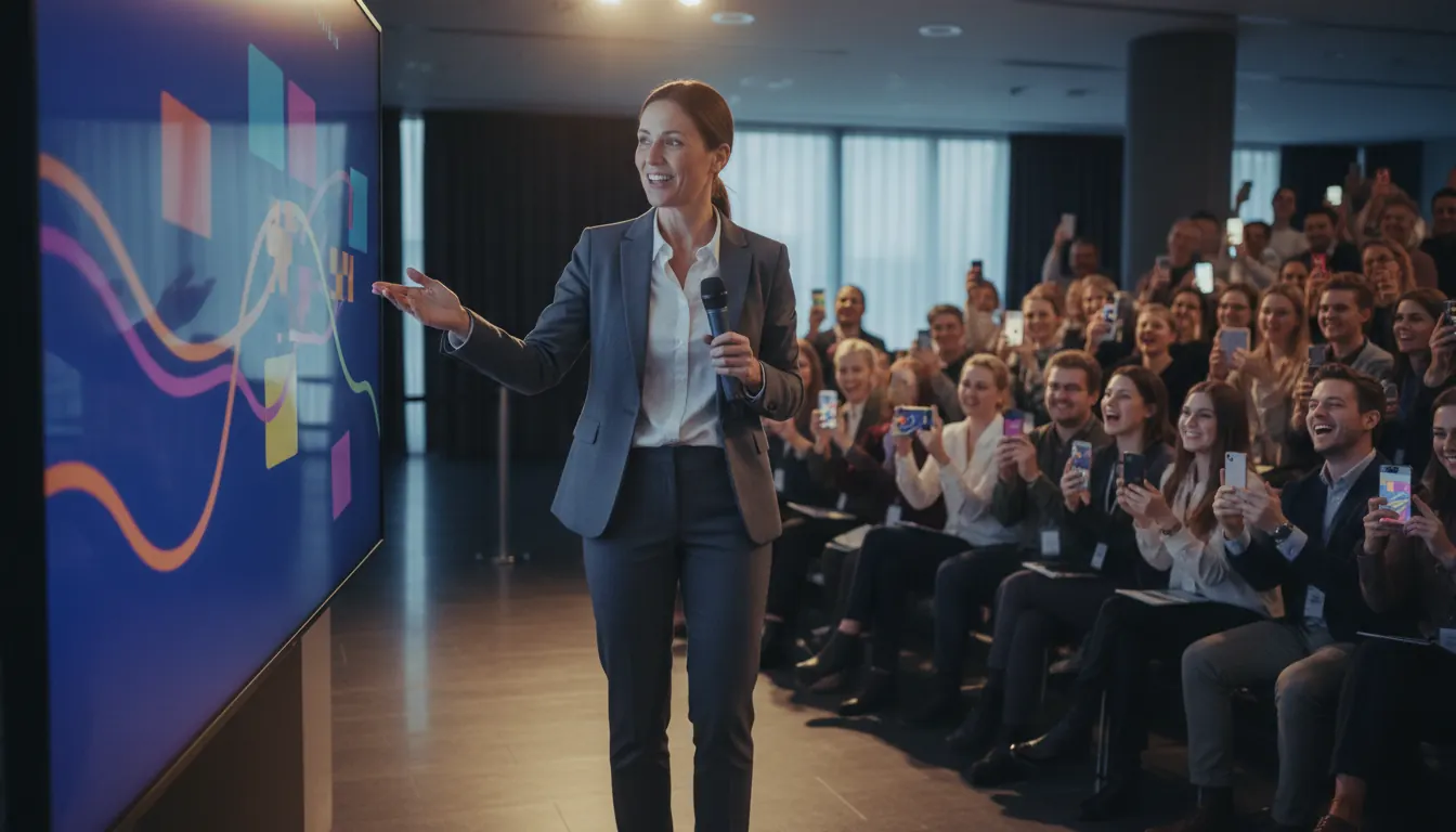 Professional presenter using interactive games for presentations with engaged audience using mobile devices