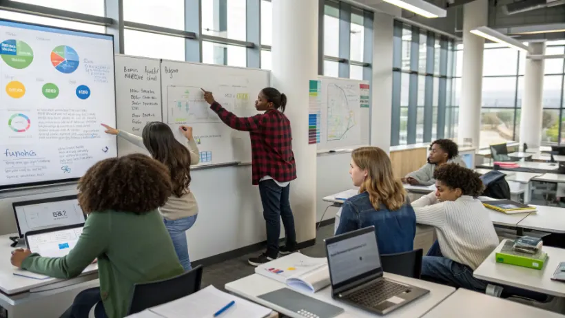 Photorealistic image of diverse students analyzing probability charts and decision trees in a modern classroom setting with educational materials