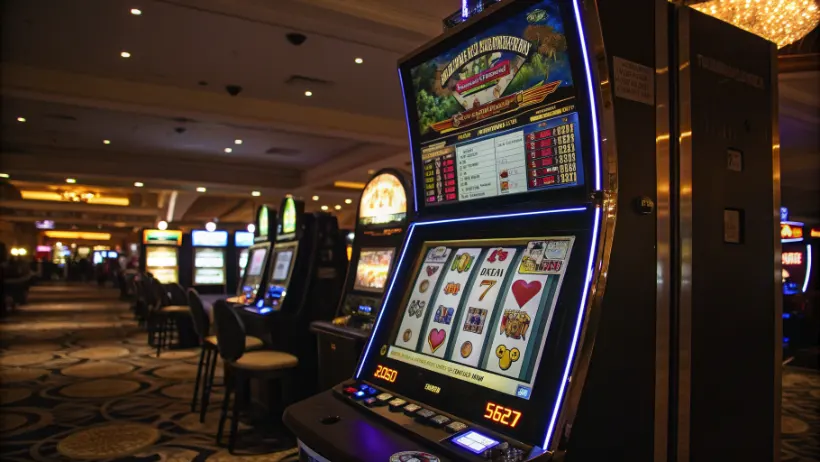 Illuminated slot machine with colorful display demonstrating game design elements