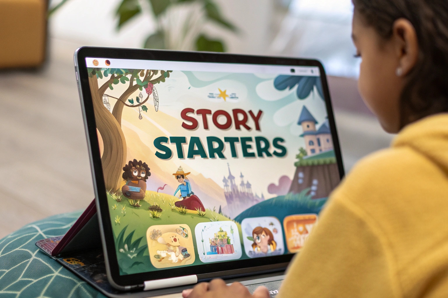 colorful Story Starters online game interface showing fantasy adventure options