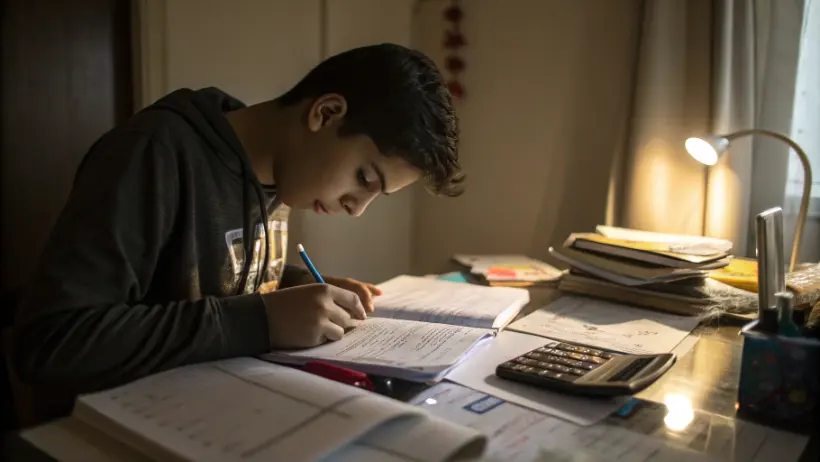 Student working on probability worksheets at a desk with calculator and textbooks