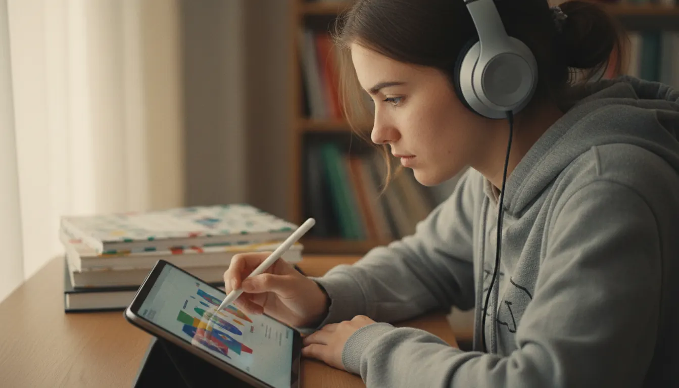 Young student studying at desk with tablet and headphones for online learning