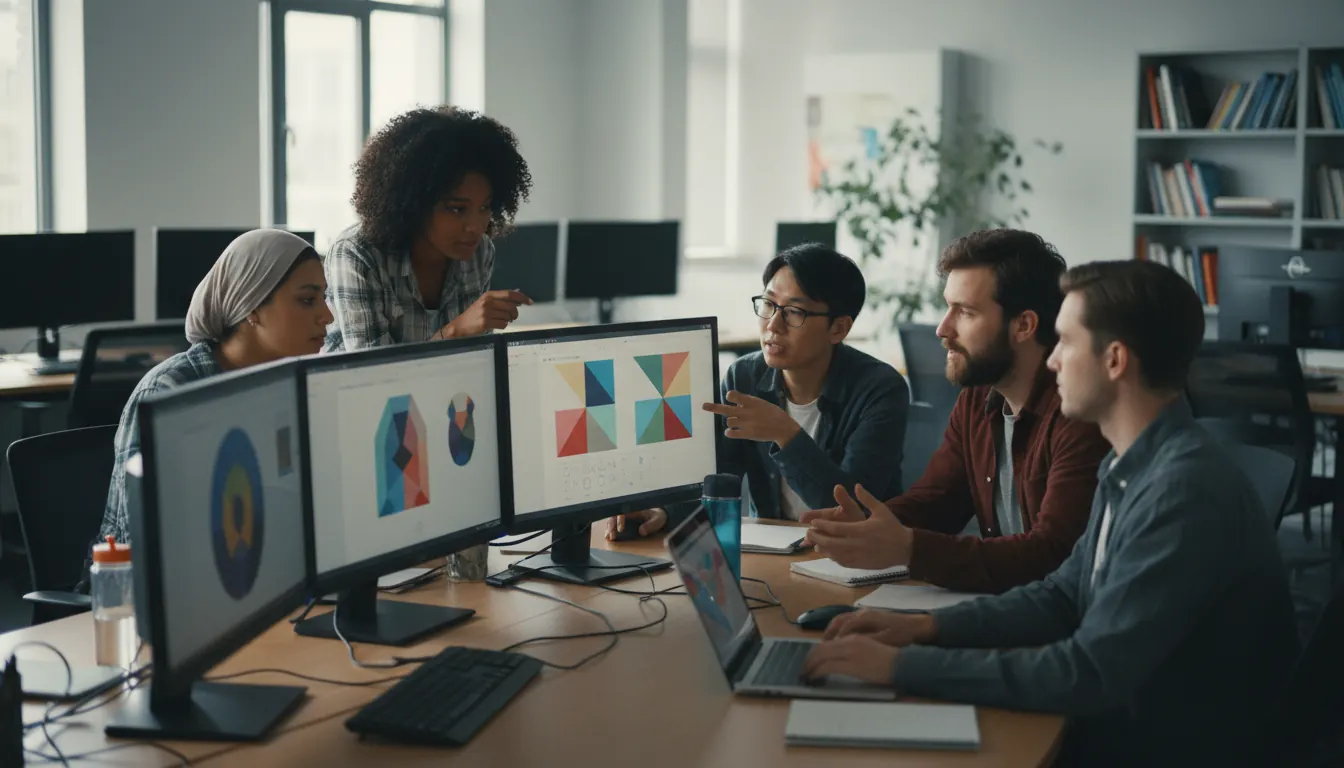 Group of diverse students working together on computers in collaborative learning environment