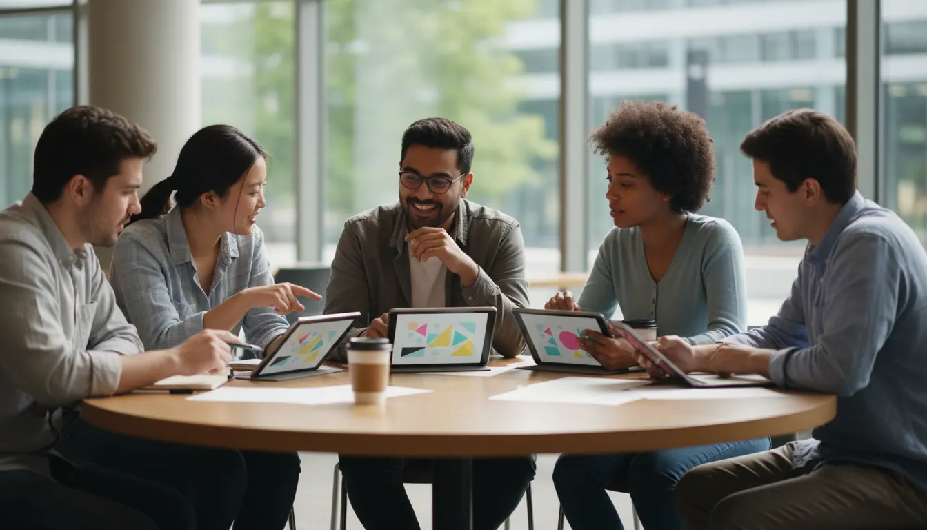 Diverse group of students working together with digital tablets during collaborative learning activity