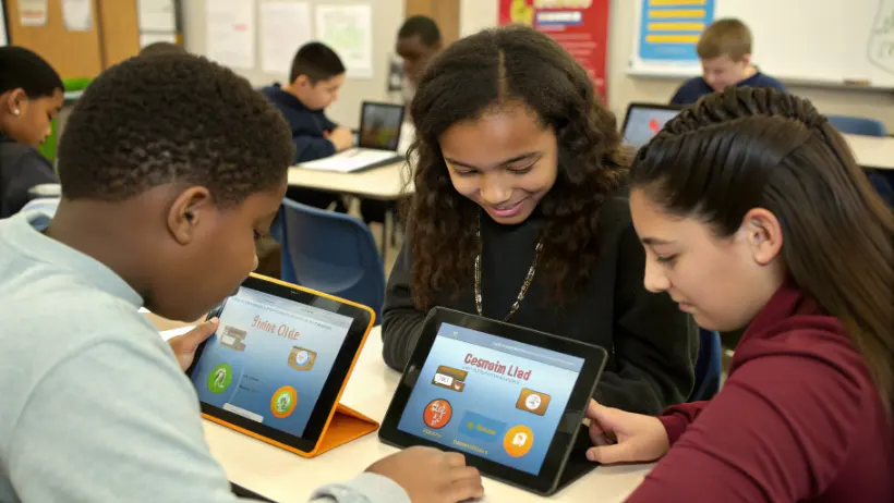 Group of diverse middle school students collaborating around tablets showing educational game interfaces with progress bars and achievement badges