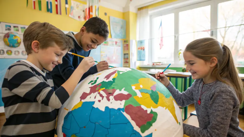 Elementary students working together to paint continents on a large paper mache globe in a bright classroom setting