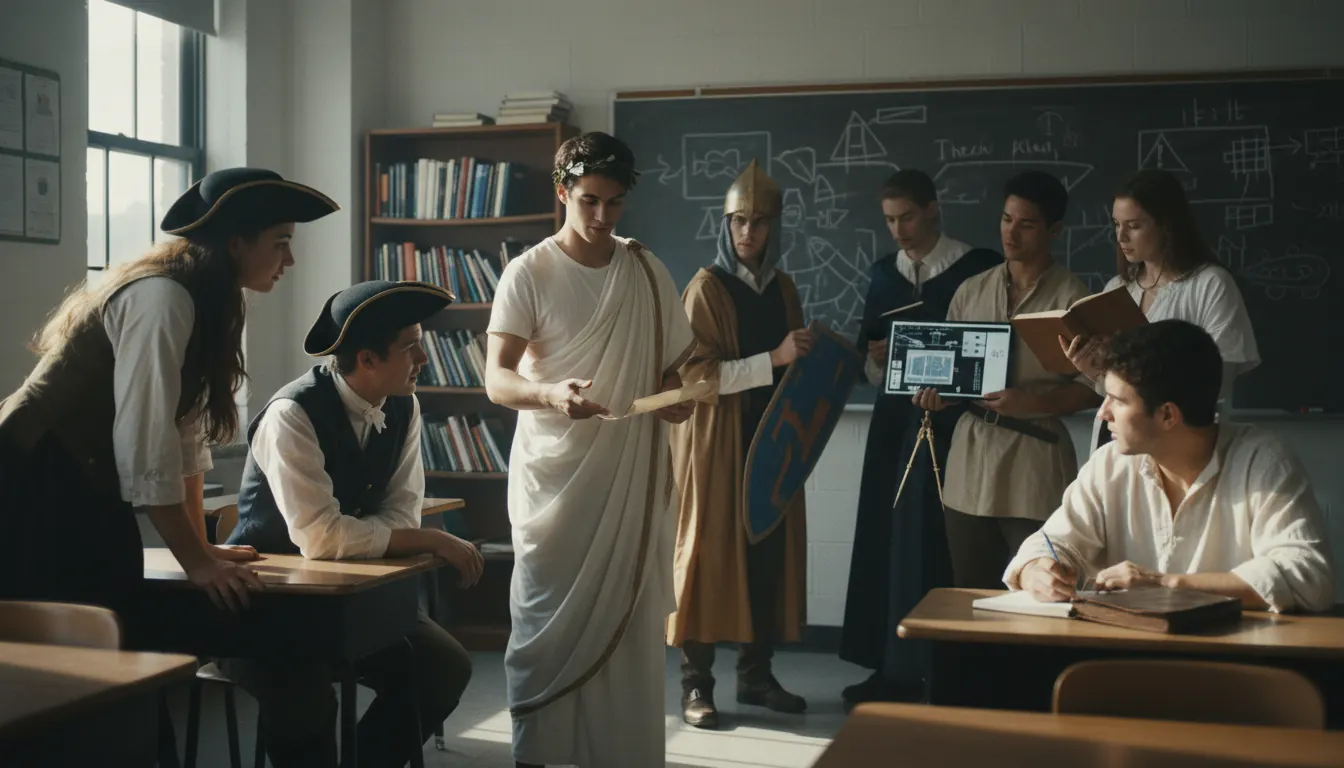 Group of students engaged in historical role-playing activity in classroom setting