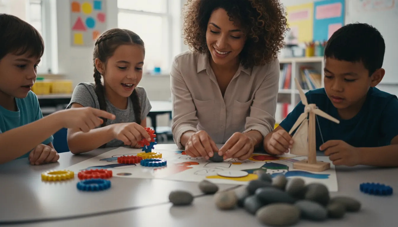 Teacher guiding students through interactive learning activity with hands-on materials