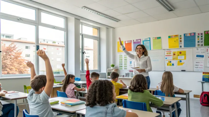 Teacher facilitating an engaging classroom discussion with elementary students raising hands and participating actively in a bright modern classroom