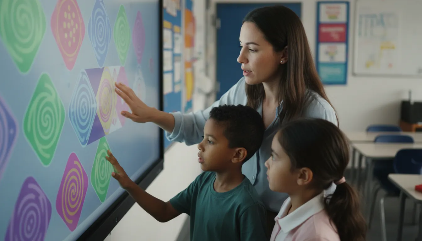 Teacher demonstrating interactive smartboard games with multi-touch capabilities in classroom