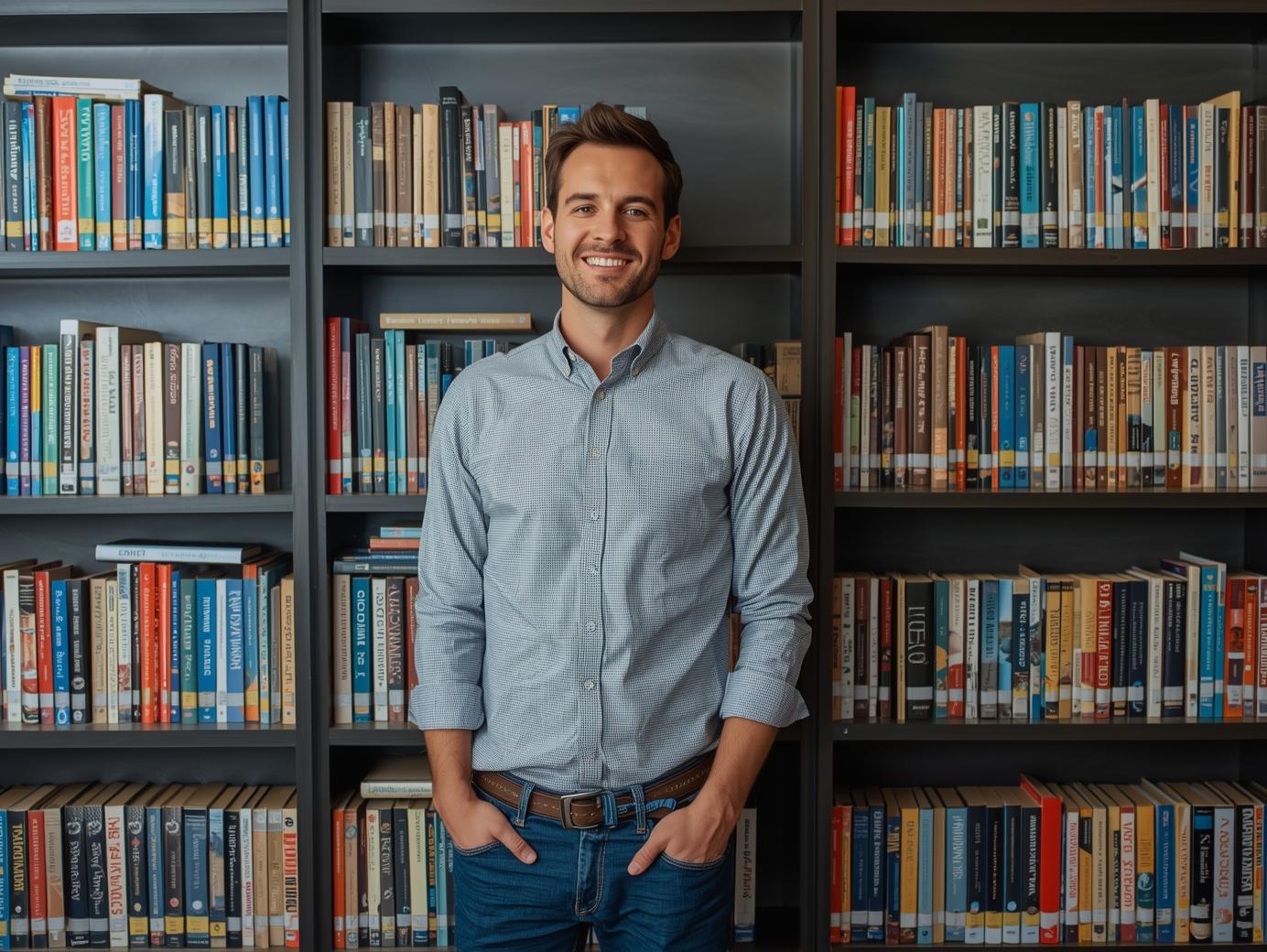 friendly man in casual attire standing near bookshelf filled with educational resources