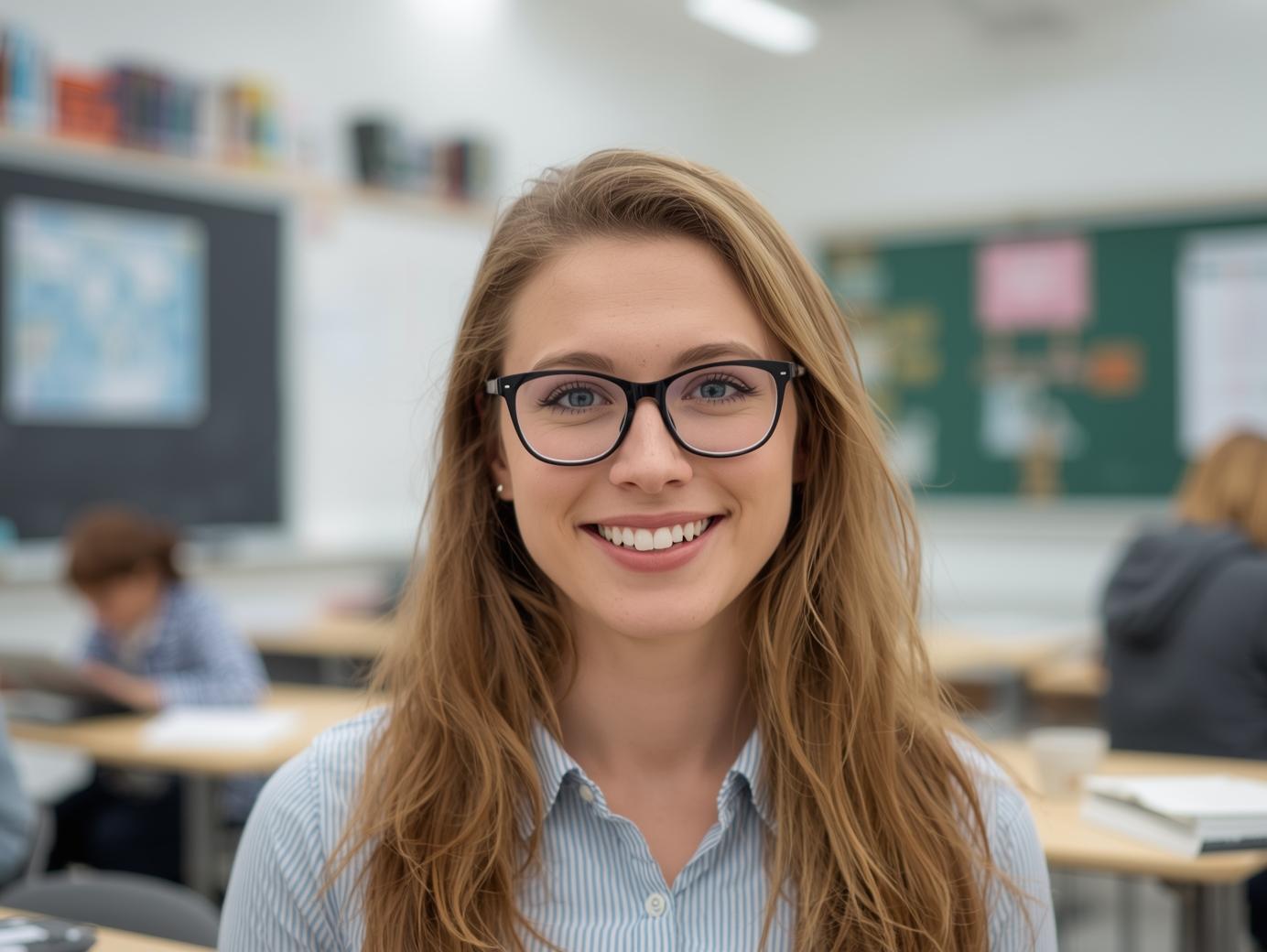 smiling woman with glasses in a classroom setting with educational materials in background