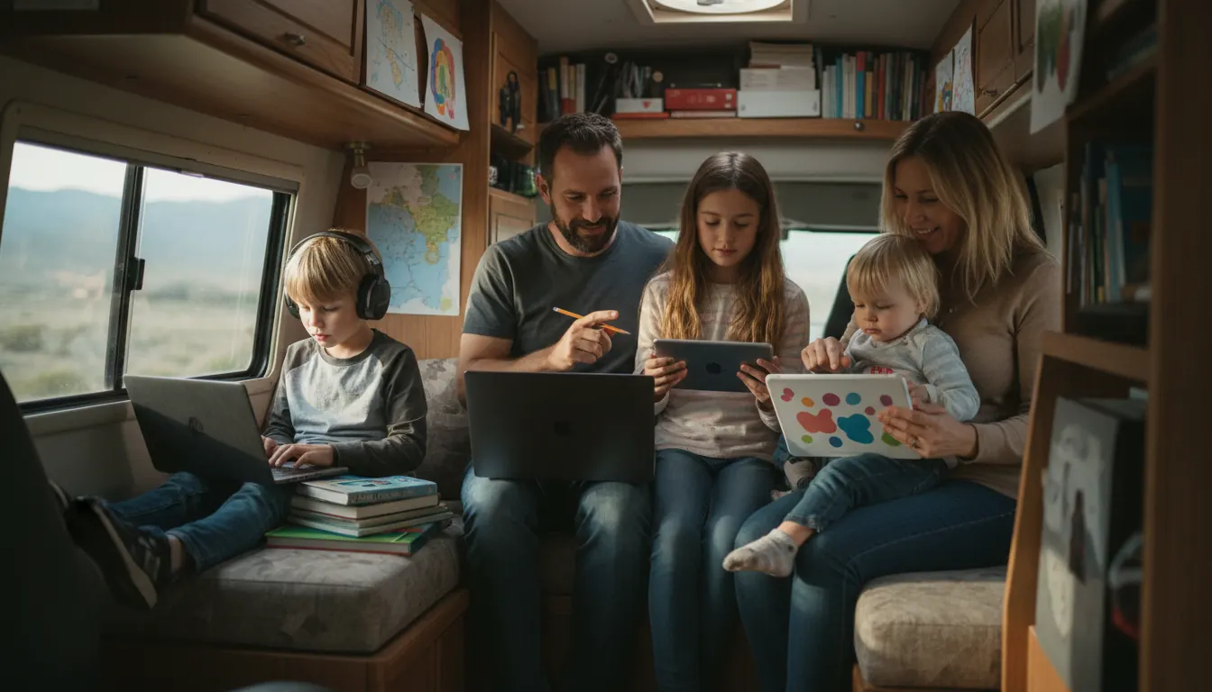 family with children using tablets and laptops for homeschool learning in a camper van or travel setting